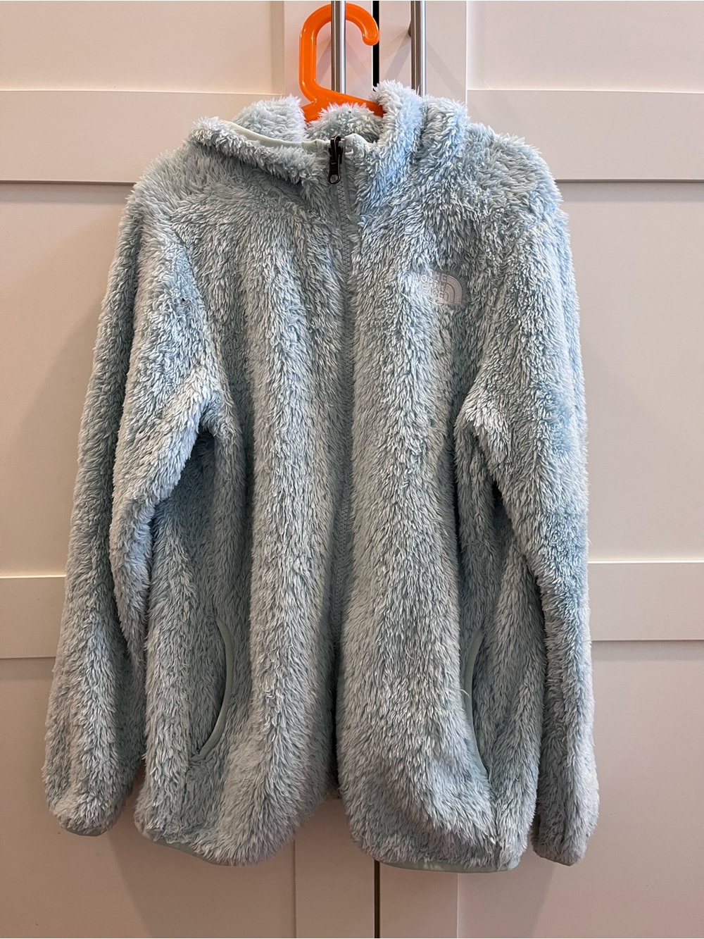 The North Face Suave Oso Light Blue Plush Hooded Kids Fleece Jacket, Size L
